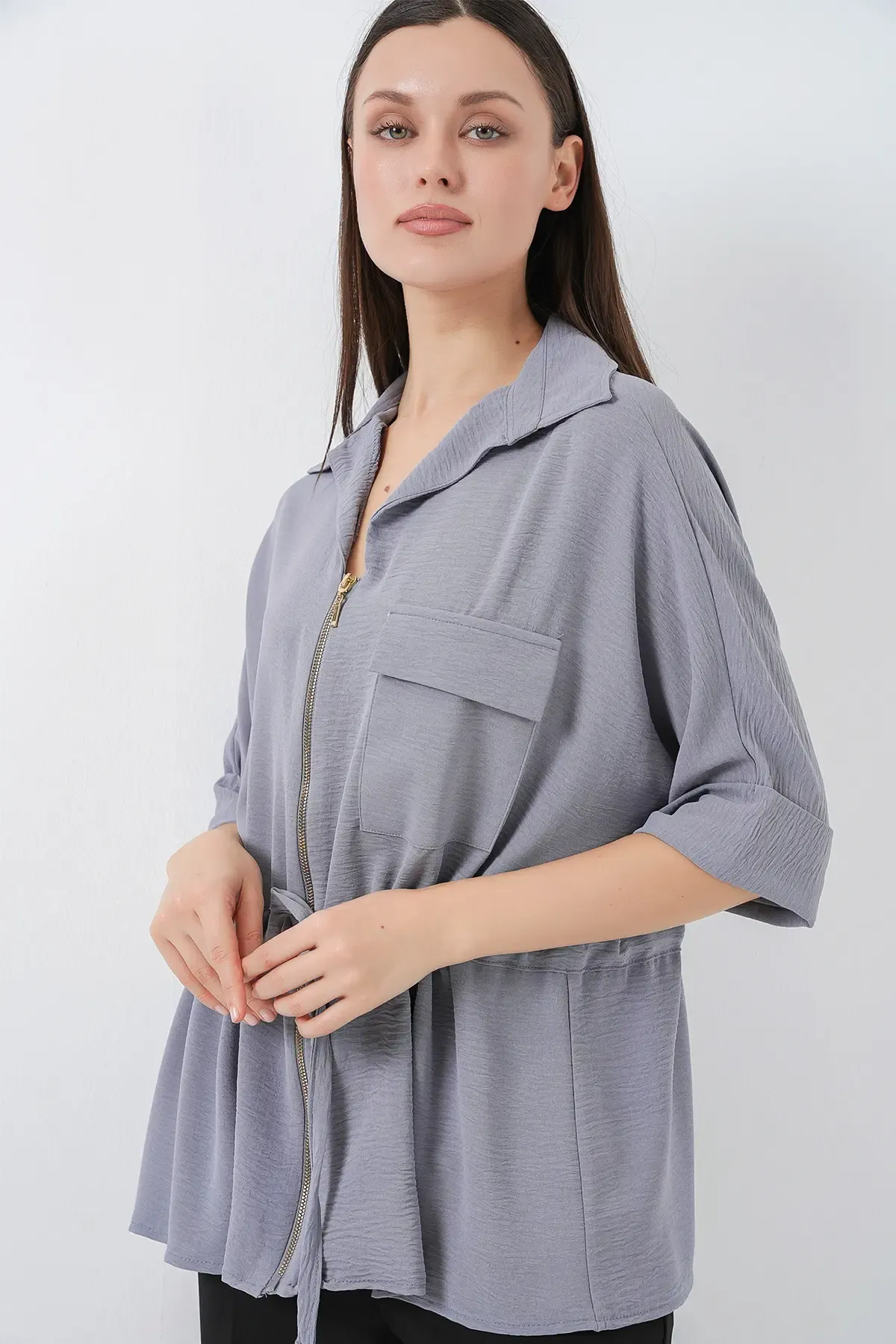 Fermuarlı Kadın Gömlek 0721 - Gri
