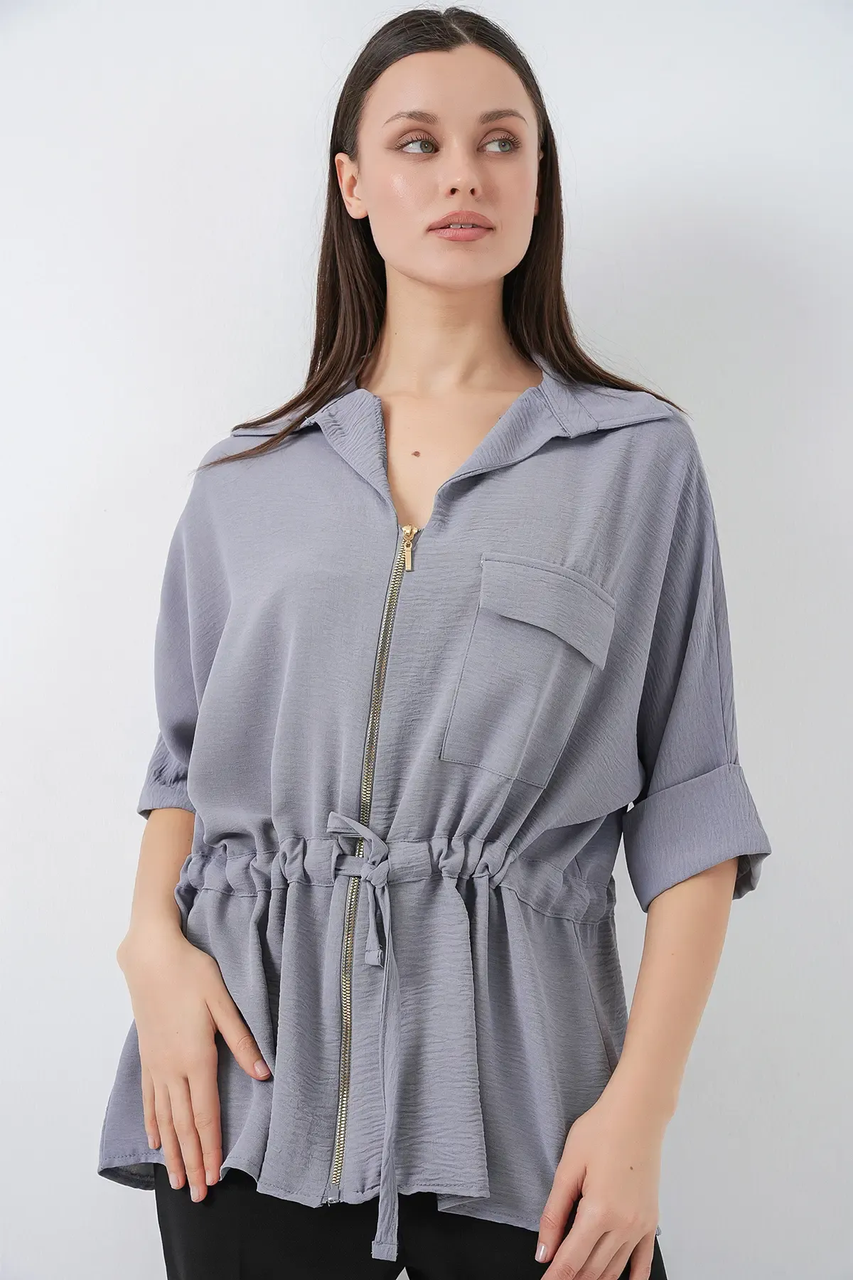 Fermuarlı Kadın Gömlek 0721 - Gri