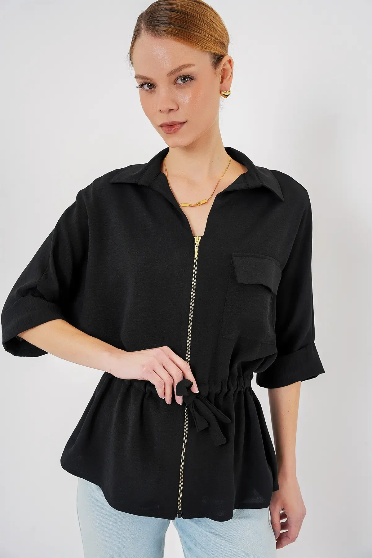 Fermuarlı Kadın Gömlek 0721 - Siyah