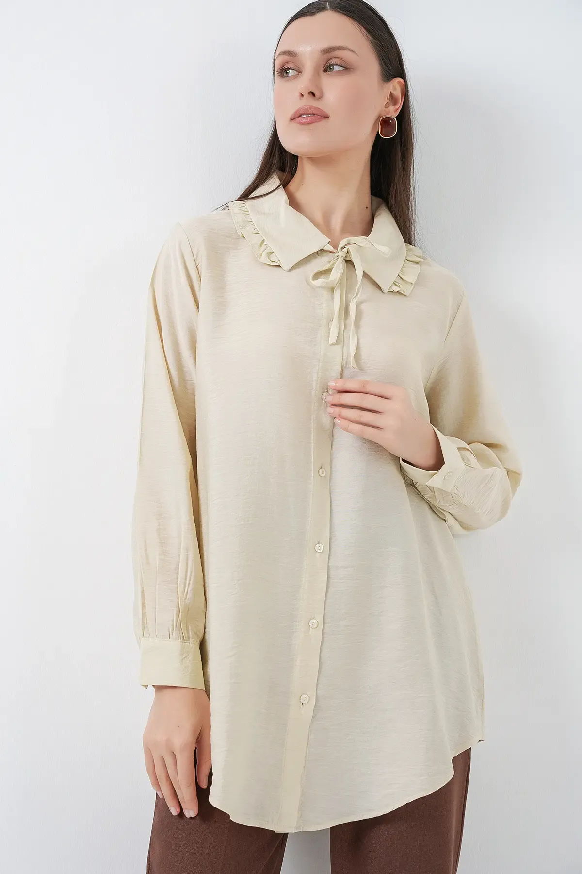 Fırfırlı Uzun Gömlek Tunik 5952 - Ekru