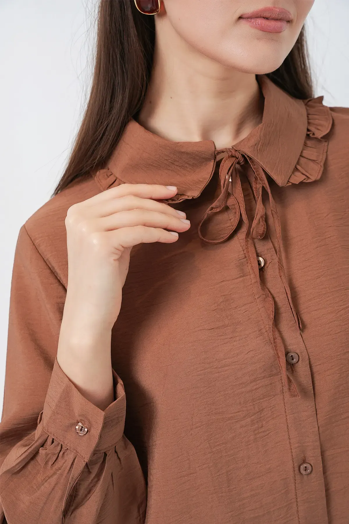 Fırfırlı Uzun Gömlek Tunik 5952 - Sütlü Kahve