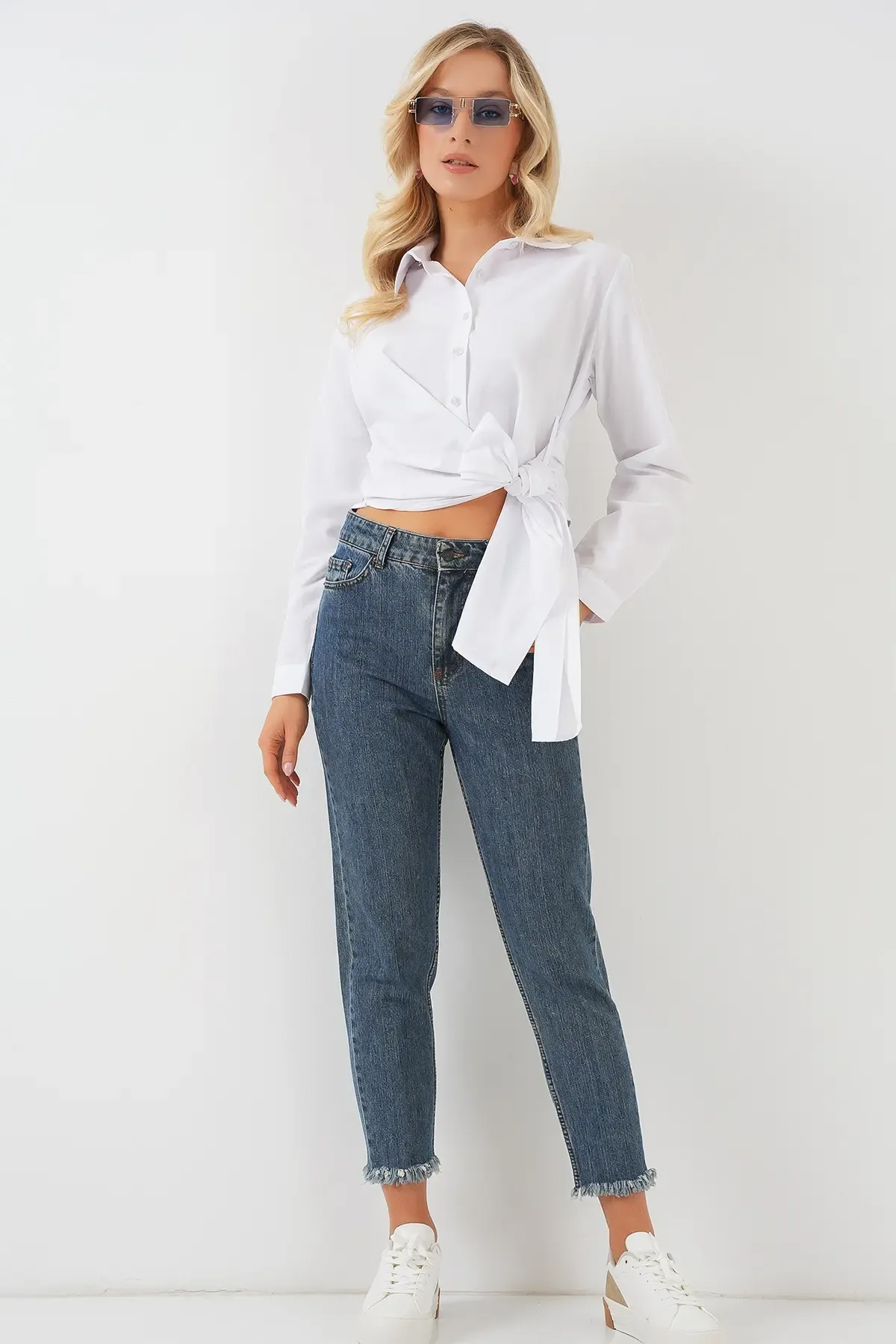 Kadın Bağlamalı Uzun Kol Gömlek 20325 - Beyaz