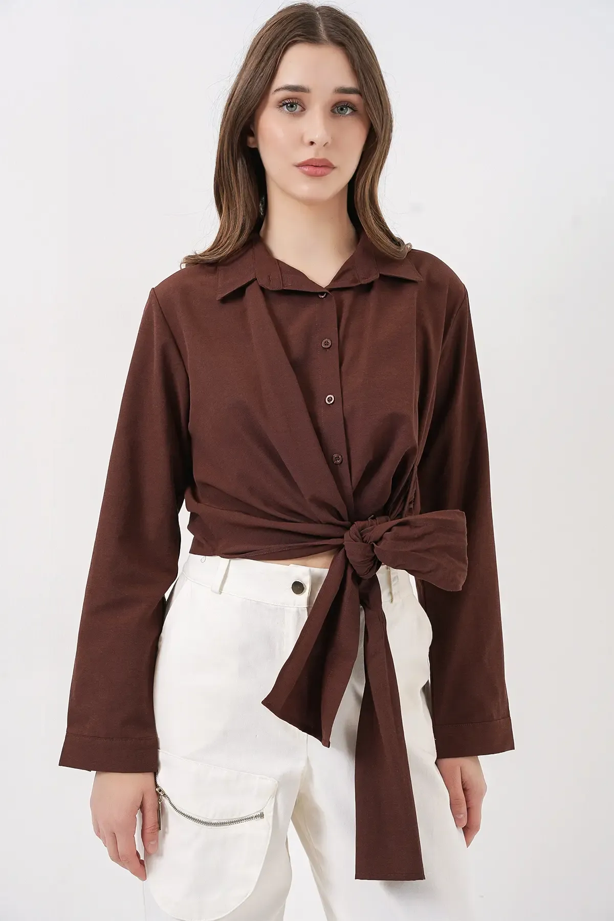 Kadın Bağlamalı Uzun Kol Gömlek 20325 - Kahverengi