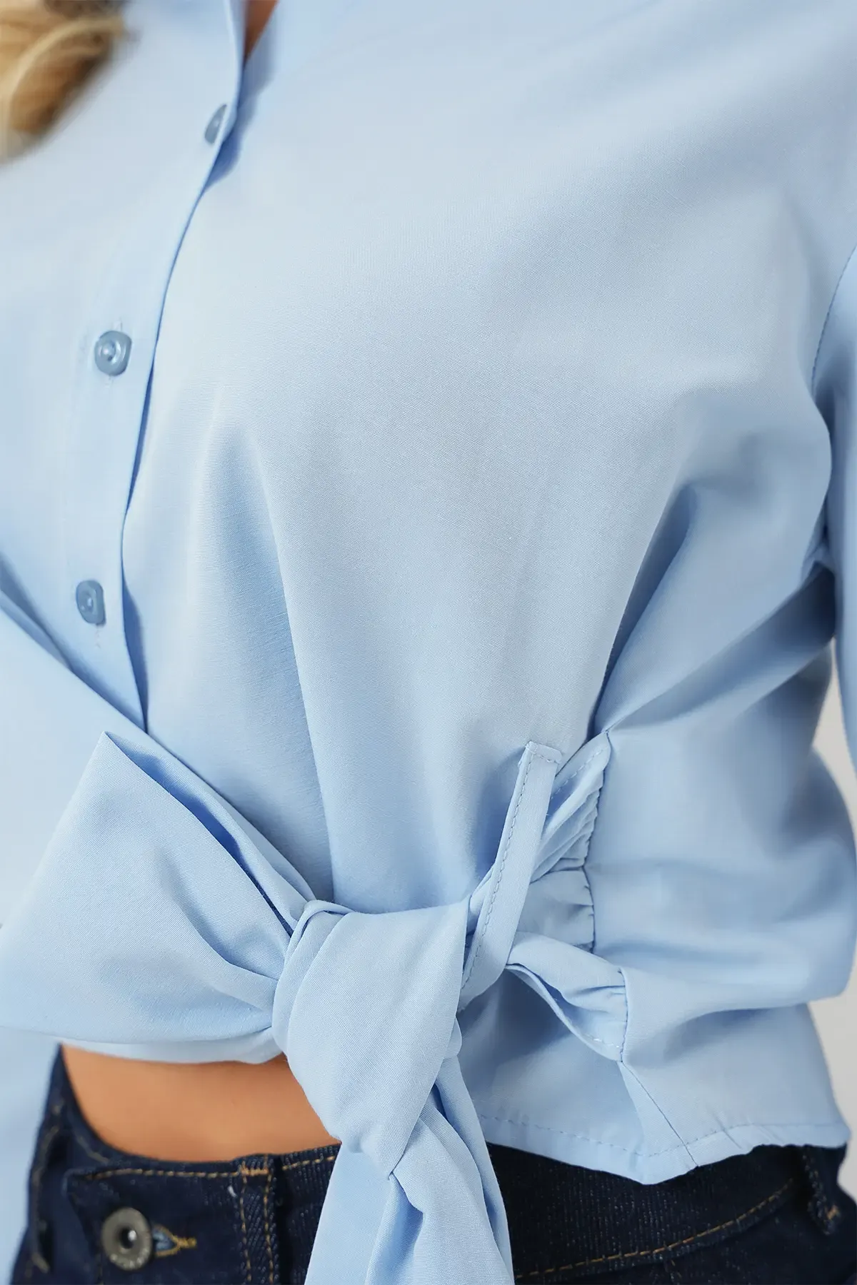 Kadın Bağlamalı Uzun Kol Gömlek 20325 - Mavi