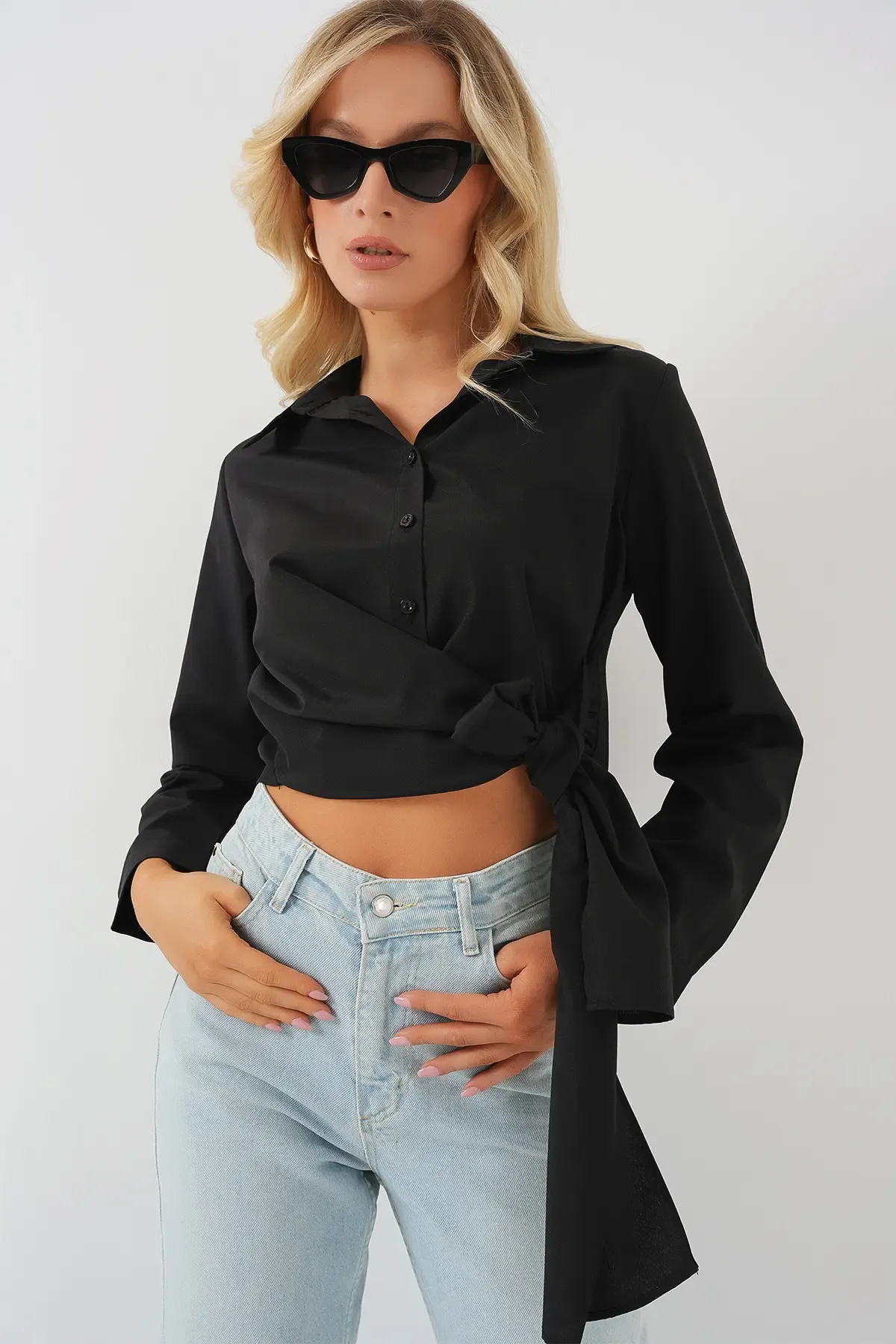 Kadın Bağlamalı Uzun Kol Gömlek 20325 - Siyah