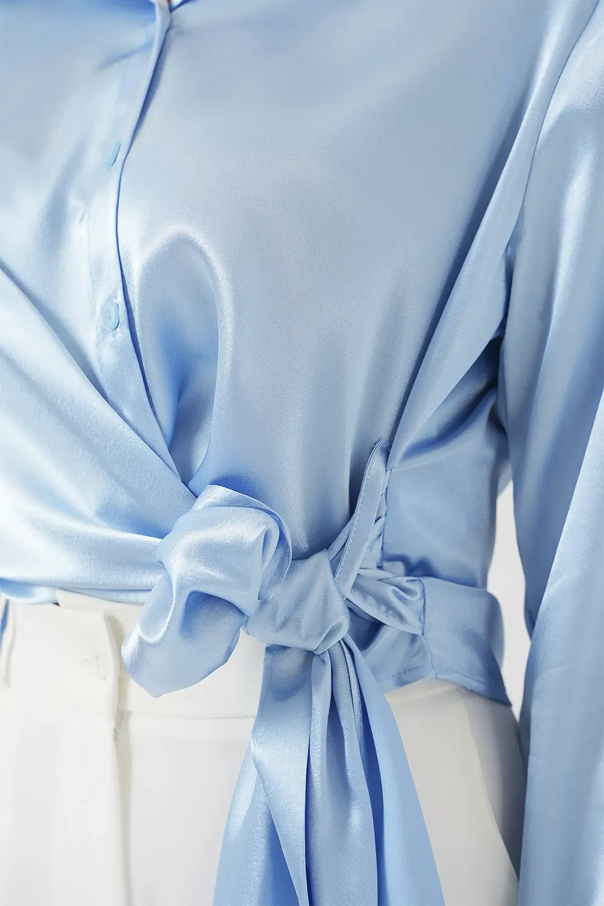 Kadın Bağlamalı Uzun Kol Saten Gömlek 20287 - Mavi