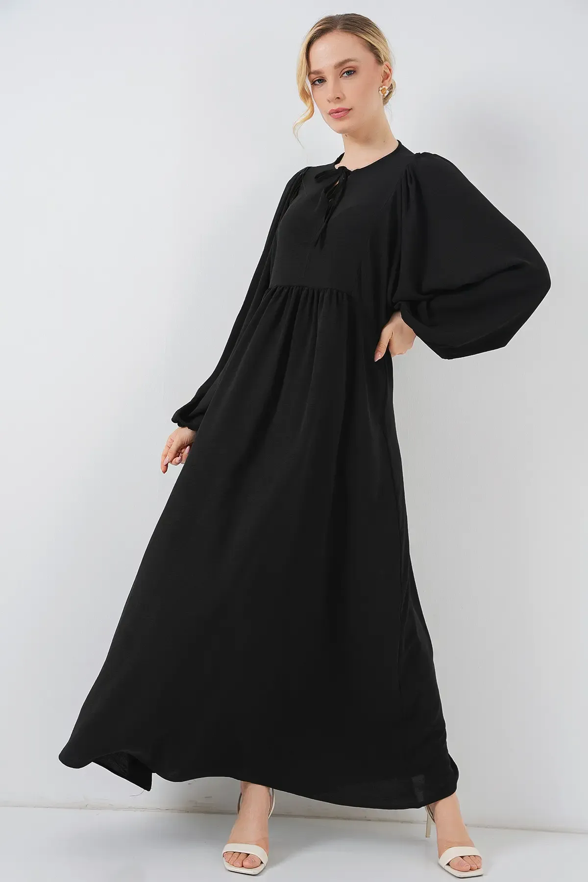 Kadın Balon Kol Uzun Tesettür Elbise 2464 - D. Siyah