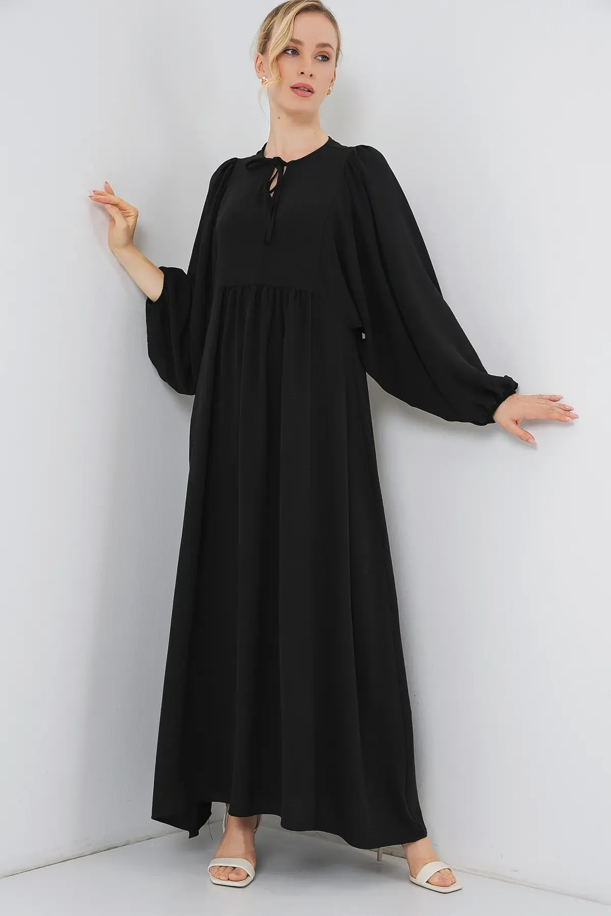 Kadın Balon Kol Uzun Tesettür Elbise 2464 - D. Siyah