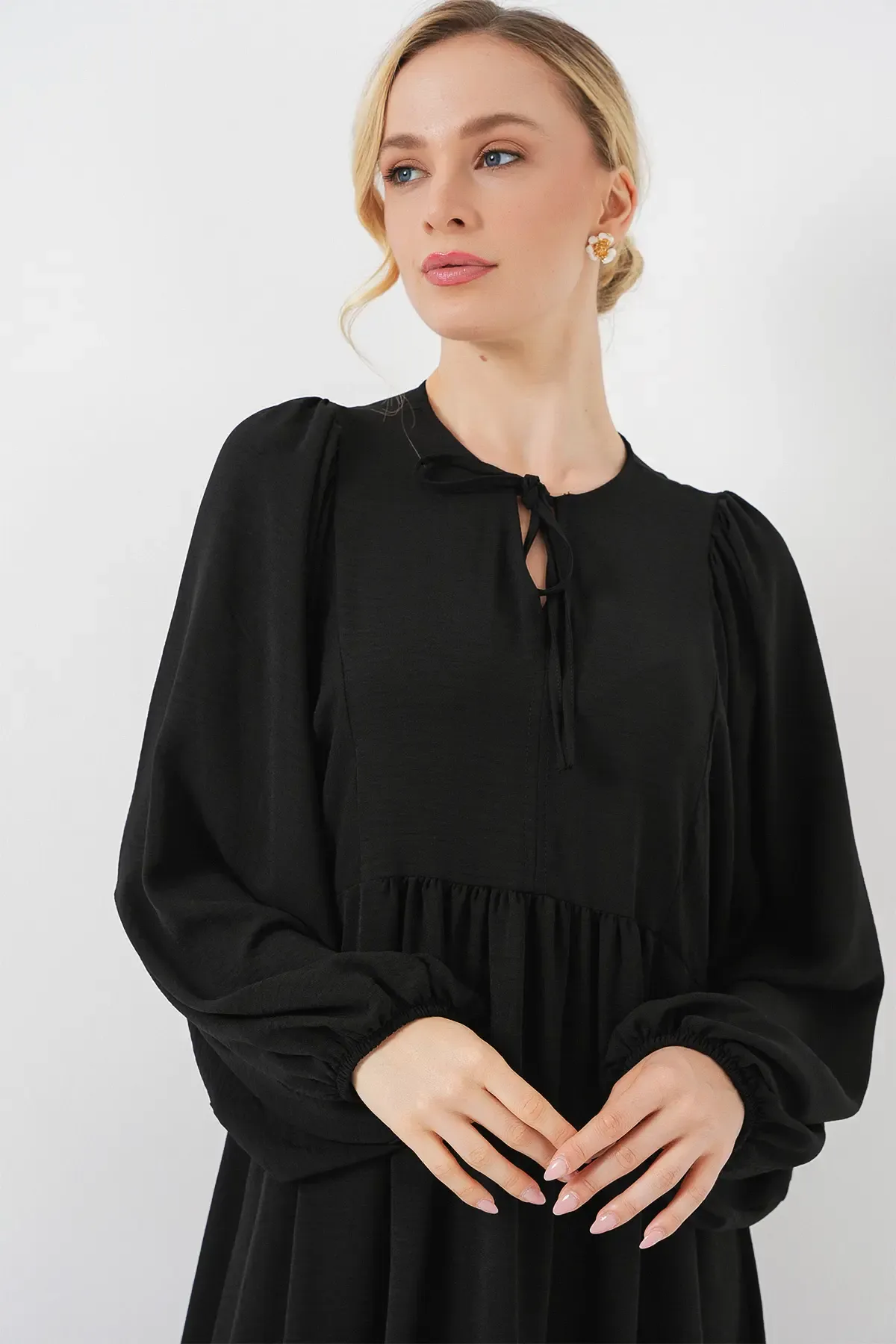 Kadın Balon Kol Uzun Tesettür Elbise 2464 - D. Siyah