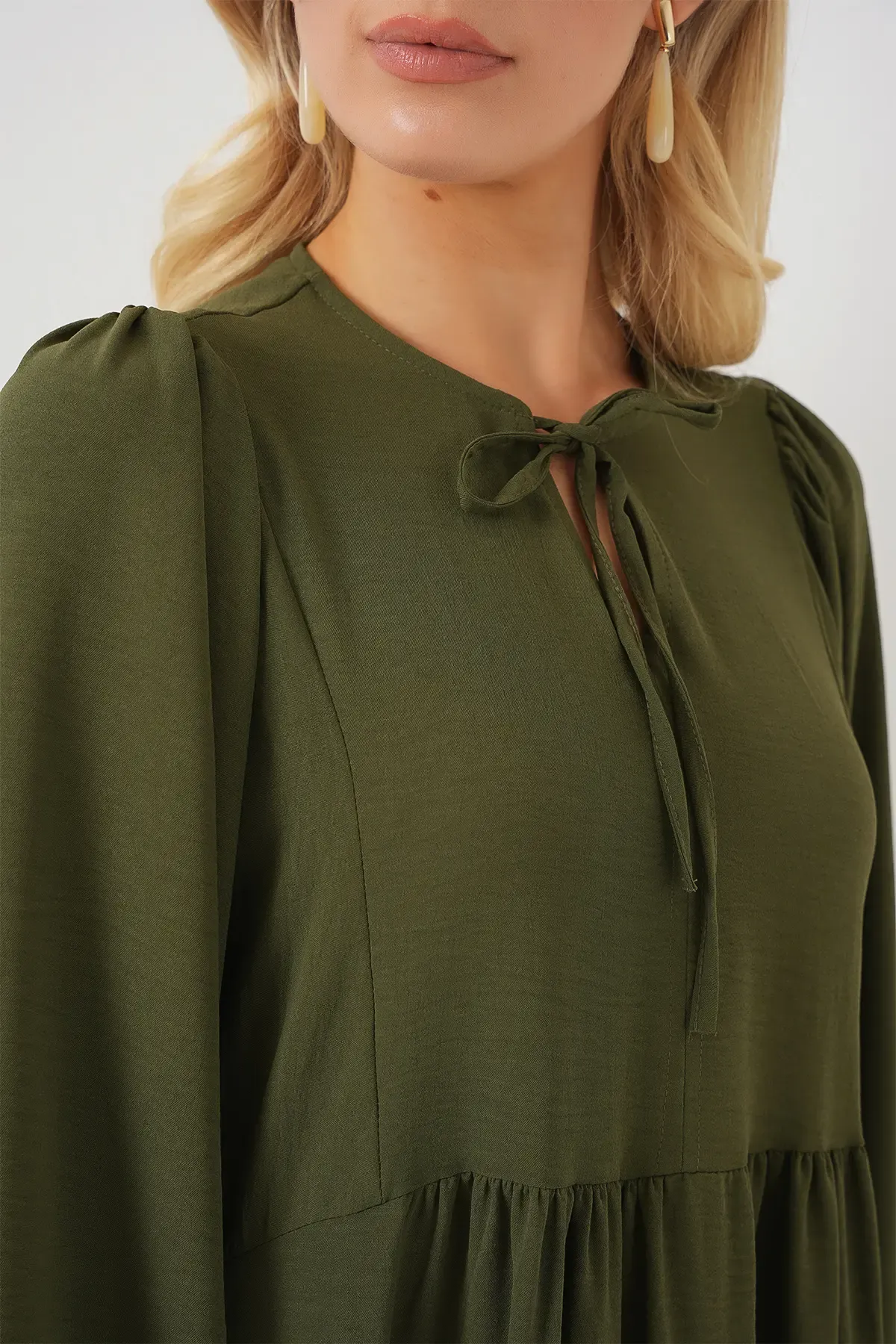 Kadın Balon Kol Uzun Tesettür Elbise 2464 - Haki