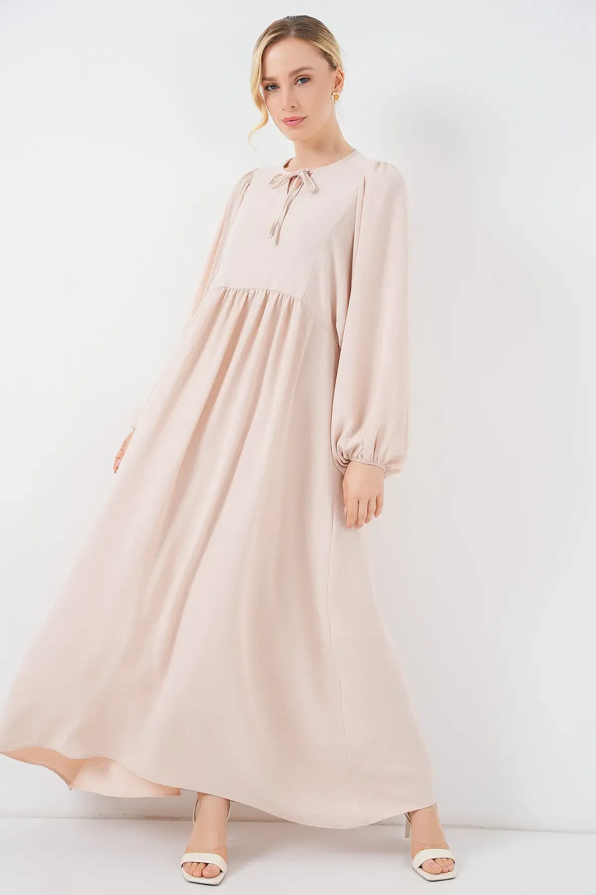 Kadın Balon Kol Uzun Tesettür Elbise 2464 - Krem