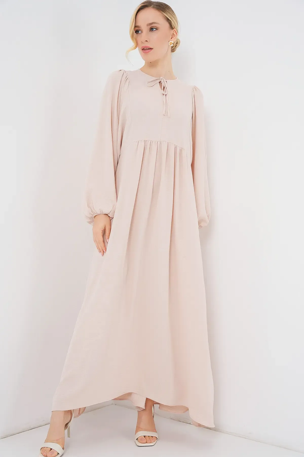 Kadın Balon Kol Uzun Tesettür Elbise 2464 - Krem