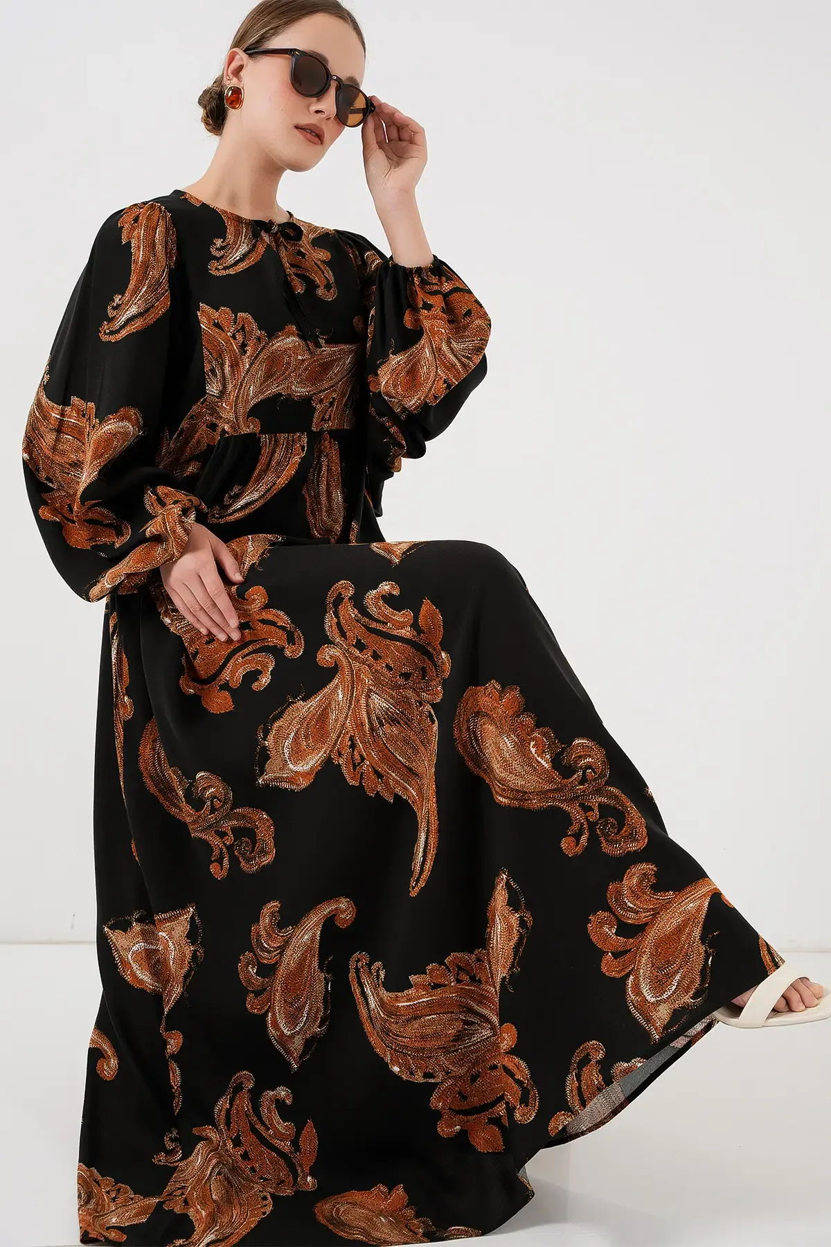 Kadın Balon Kol Uzun Tesettür Elbise 2464 - M. Taba