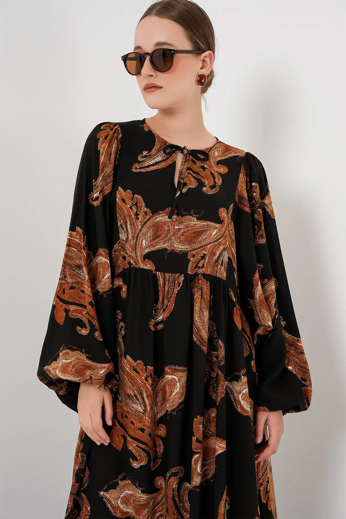 Kadın Balon Kol Uzun Tesettür Elbise 2464 - M. Taba