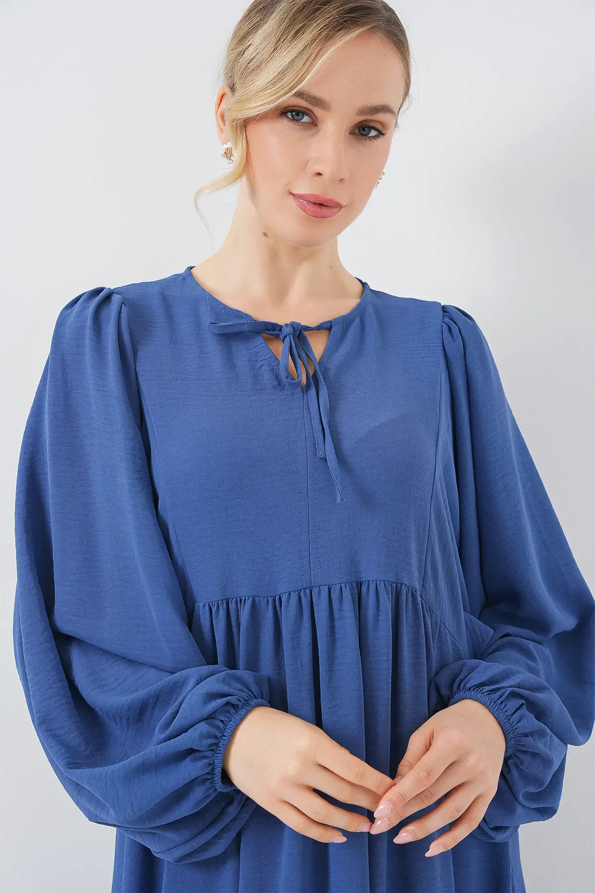 Kadın Balon Kol Uzun Tesettür Elbise 2464 - Saks