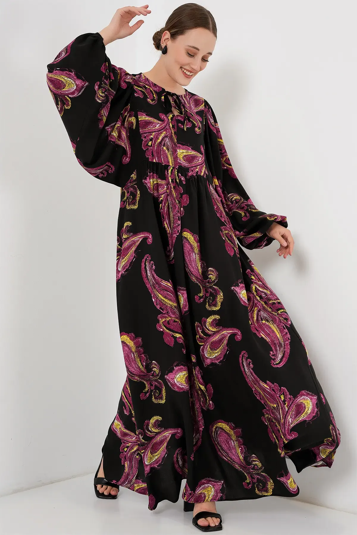 Kadın Balon Kol Uzun Tesettür Elbise 2464 - Y.Fuşya