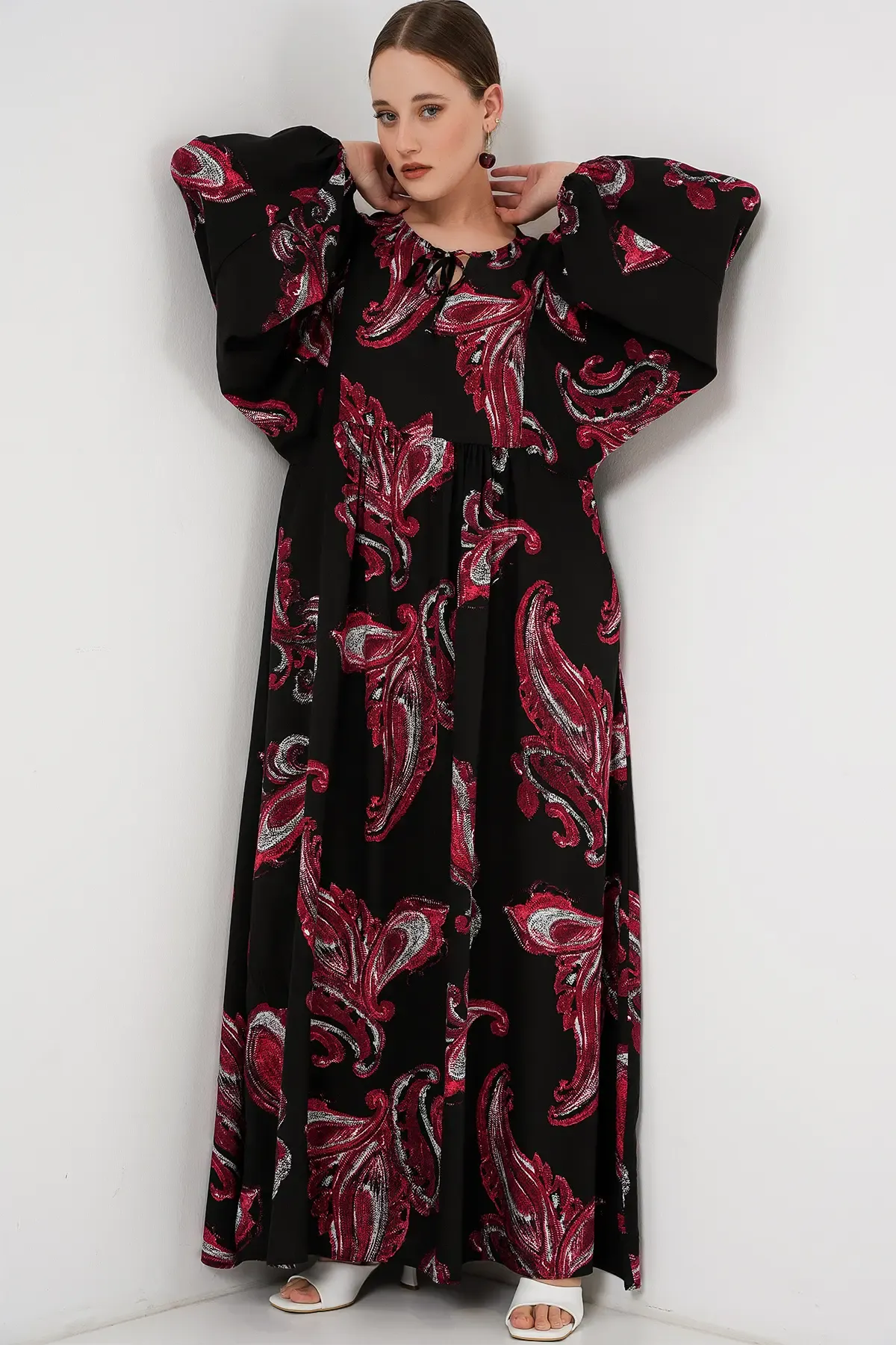 Kadın Balon Kol Uzun Tesettür Elbise 2464 - Y.Kırmızı