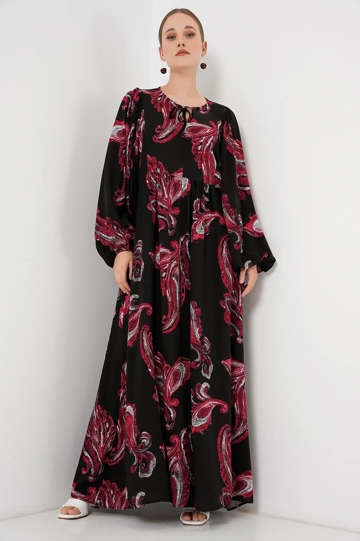 Kadın Balon Kol Uzun Tesettür Elbise 2464 - Y.Kırmızı