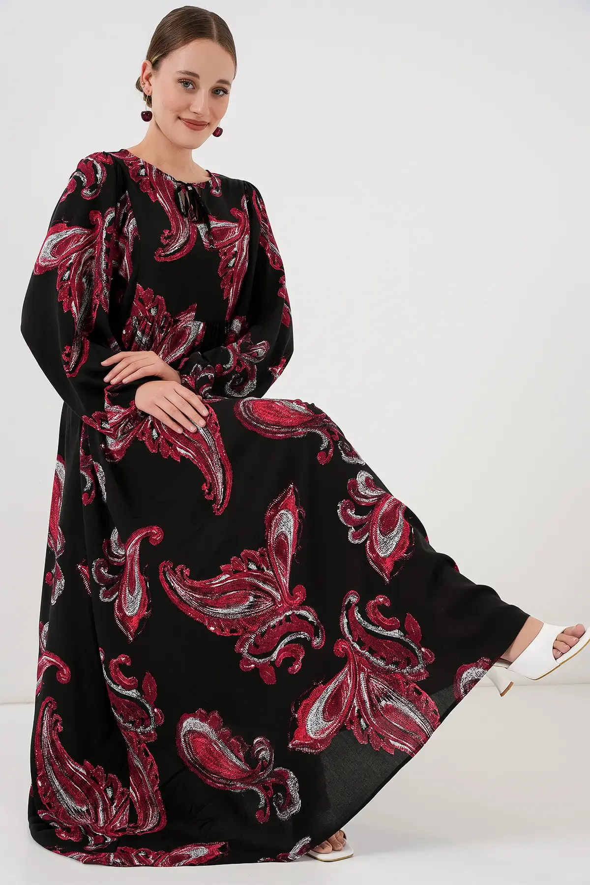 Kadın Balon Kol Uzun Tesettür Elbise 2464 - Y.Kırmızı