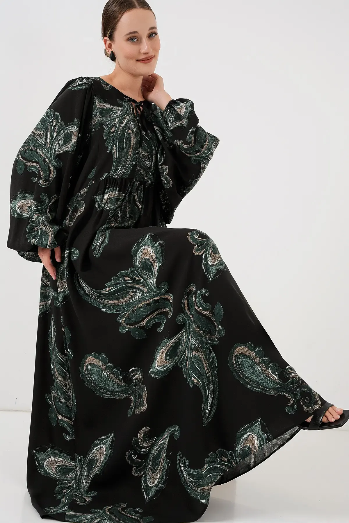 Kadın Balon Kol Uzun Tesettür Elbise 2464 - Y.Yeşil