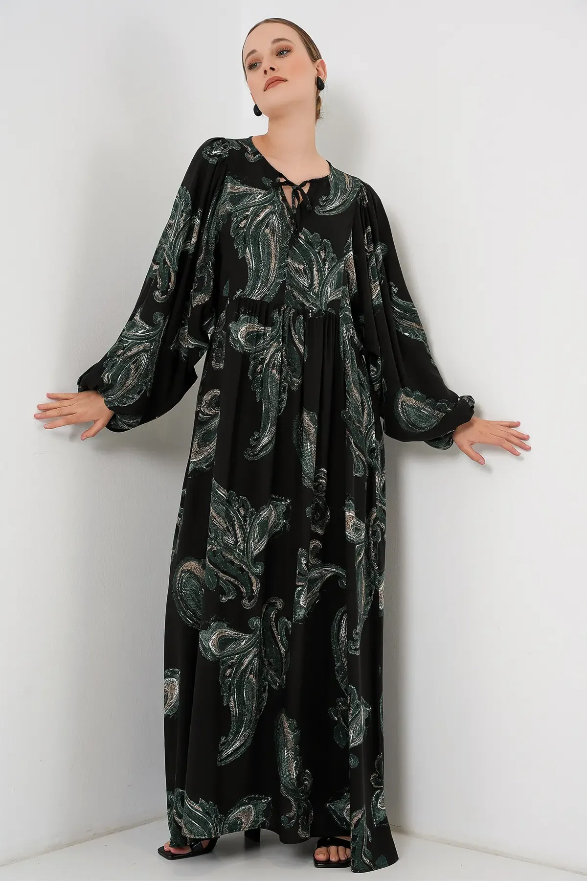 Kadın Balon Kol Uzun Tesettür Elbise 2464 - Y.Yeşil