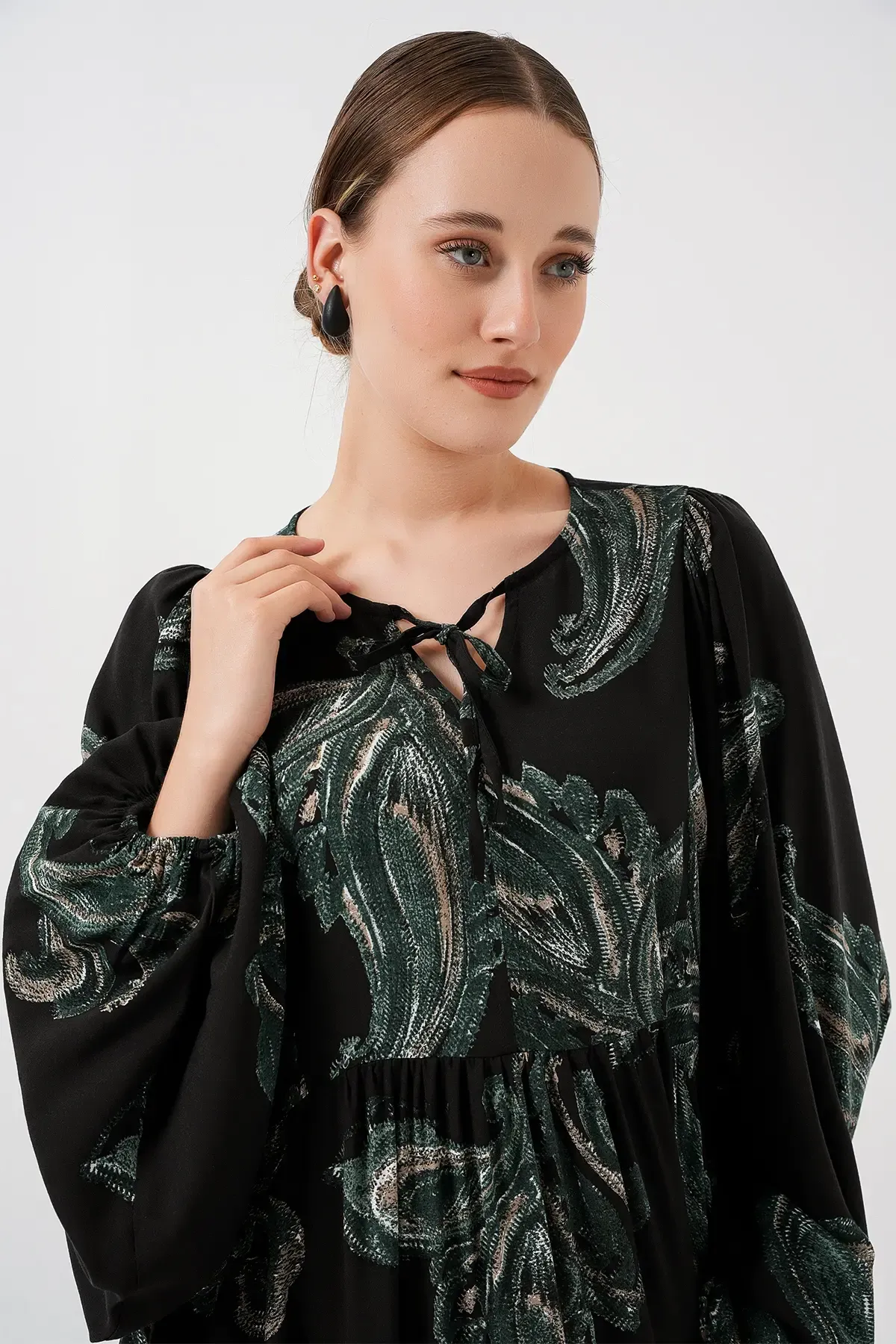 Kadın Balon Kol Uzun Tesettür Elbise 2464 - Y.Yeşil