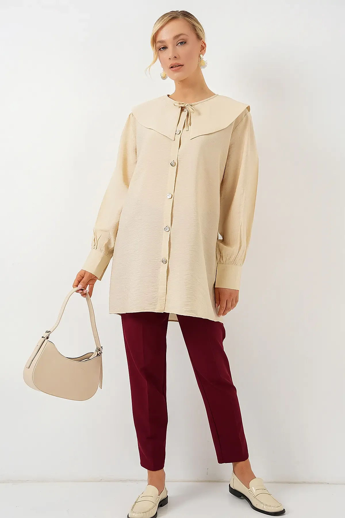 Kadın Bebe Yaka Uzun Tunik 5967 - Krem