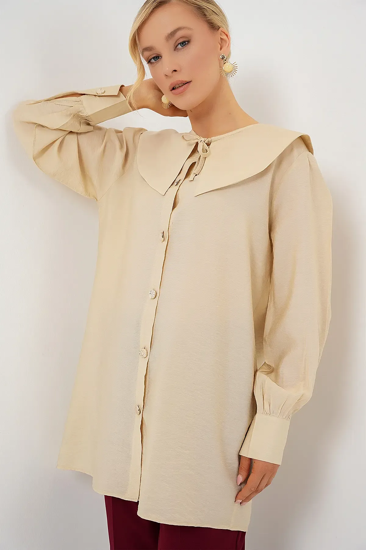 Kadın Bebe Yaka Uzun Tunik 5967 - Krem