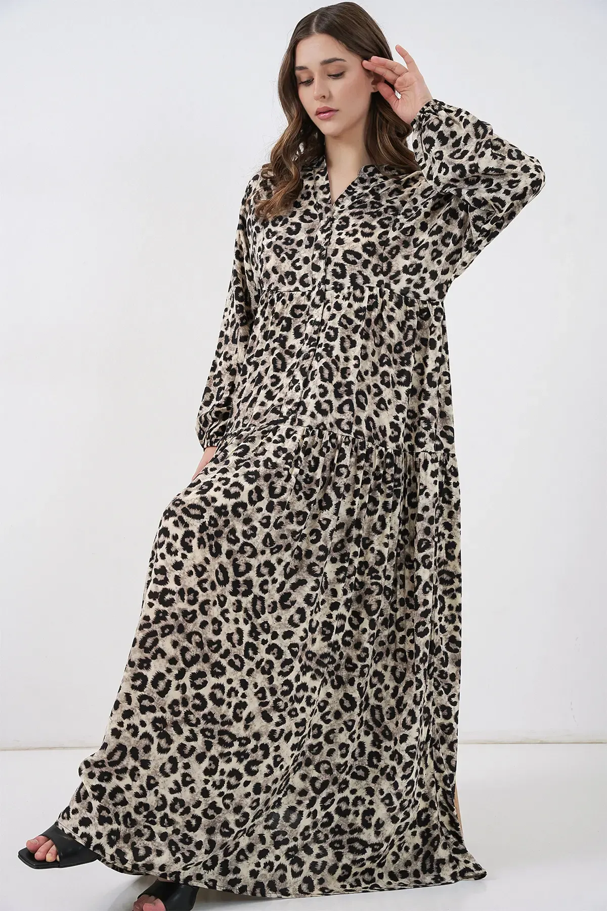 Kadın Bej Siyah Viskon Tesettür Elbise 2423