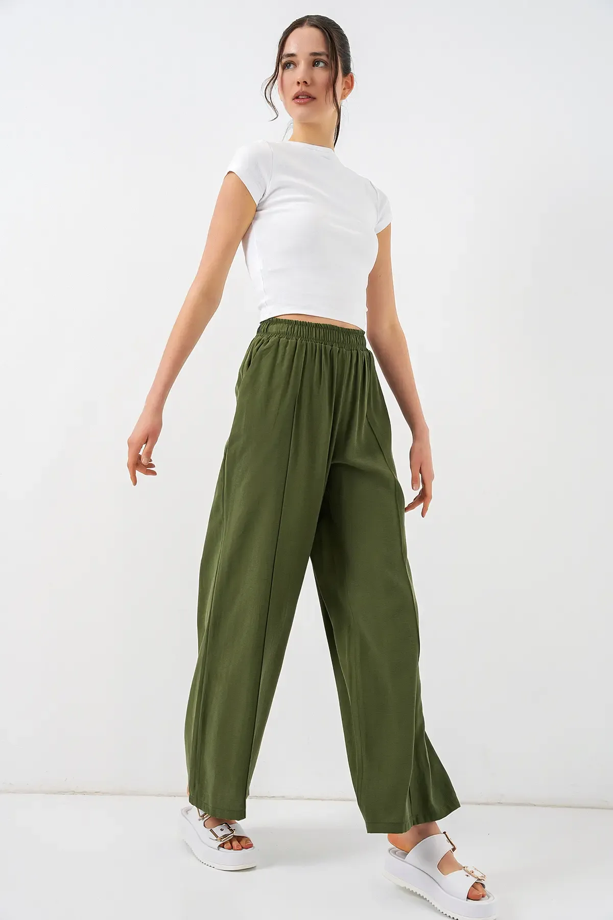 Kadın Beli Lastikli Bol Paça Pantolon 30087 - Haki