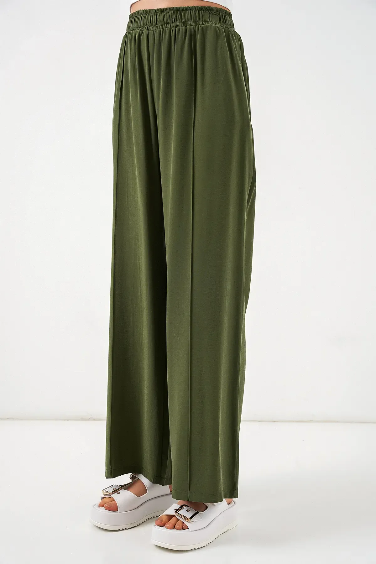Kadın Beli Lastikli Bol Paça Pantolon 30087 - Haki