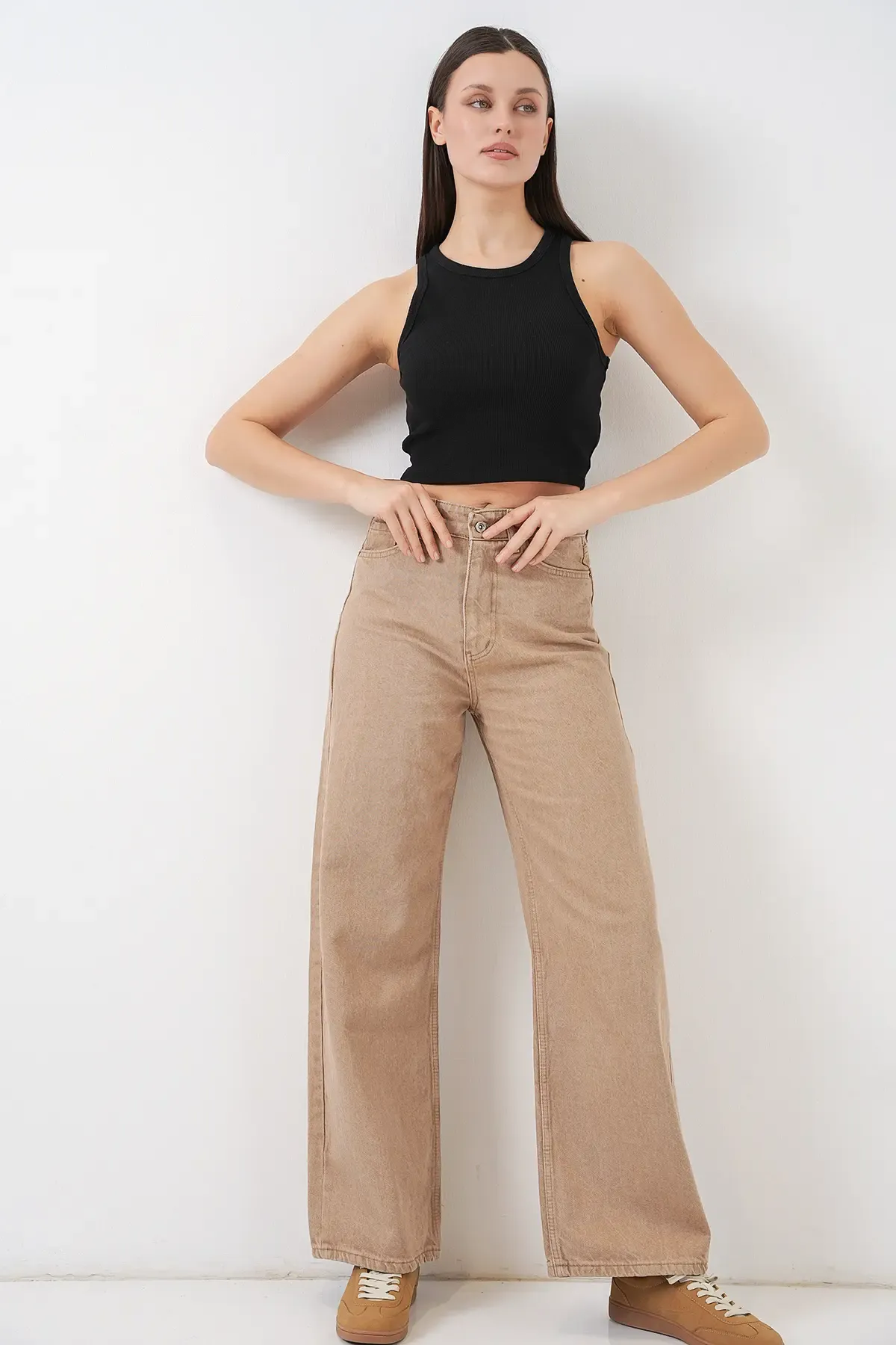 Kadın Bol Paça Yüksek Bel Palazzo Kot Pantolon 6656 - Vizon