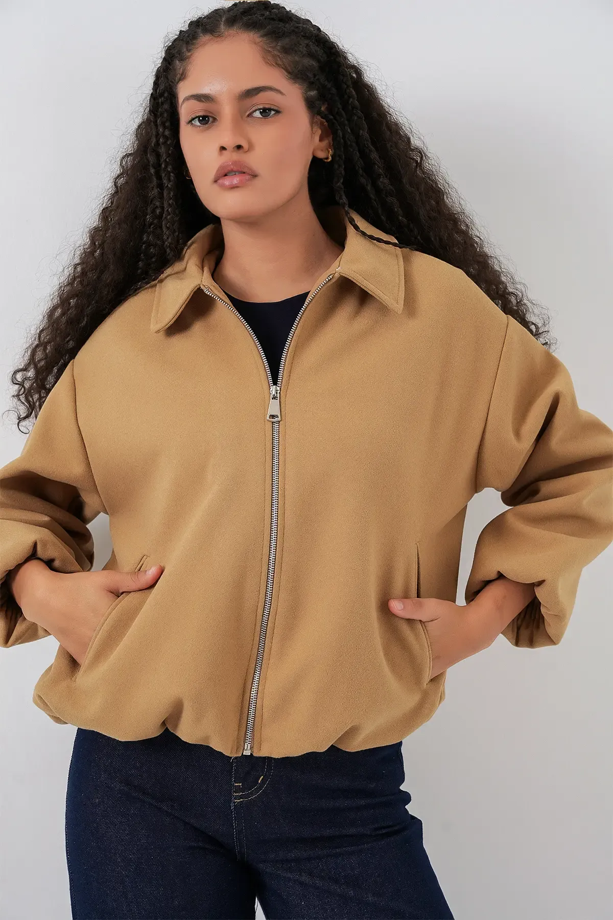 Kadın Büzgülü Oversize Kaşe Ceket 0728 - Hardal