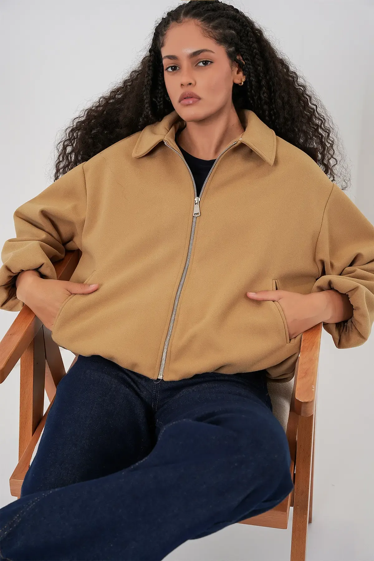Kadın Büzgülü Oversize Kaşe Ceket 0728 - Hardal