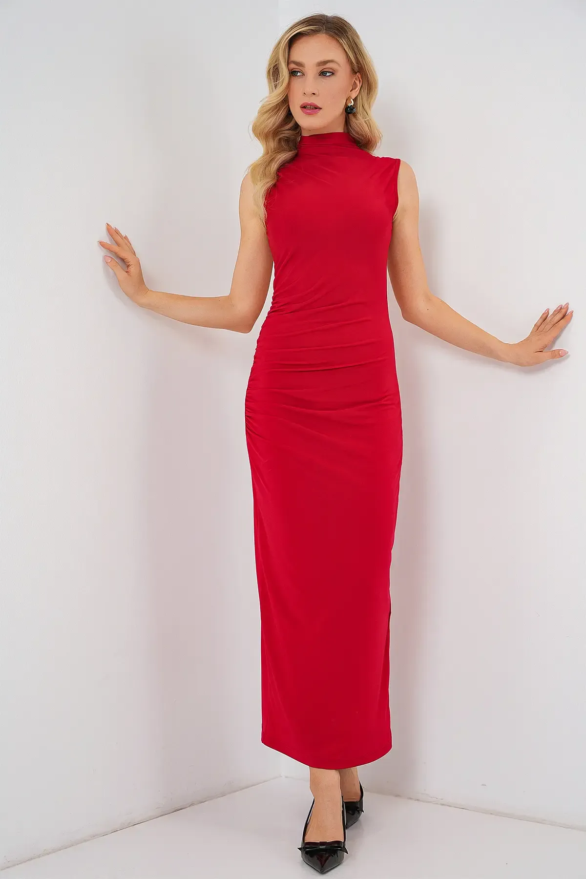 Kadın Büzgülü Sıfır Kol Drapeli Elbise 2579 - Kırmızı