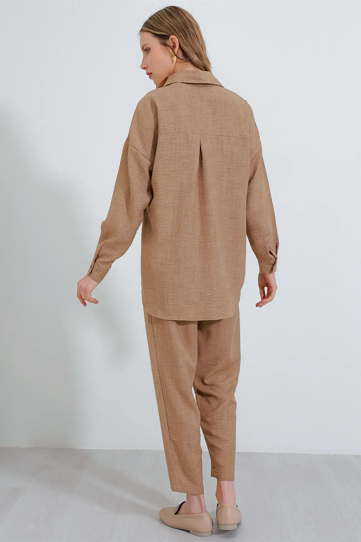 Kadın Camel Oversize Keten Alt Üst Takım 6622
