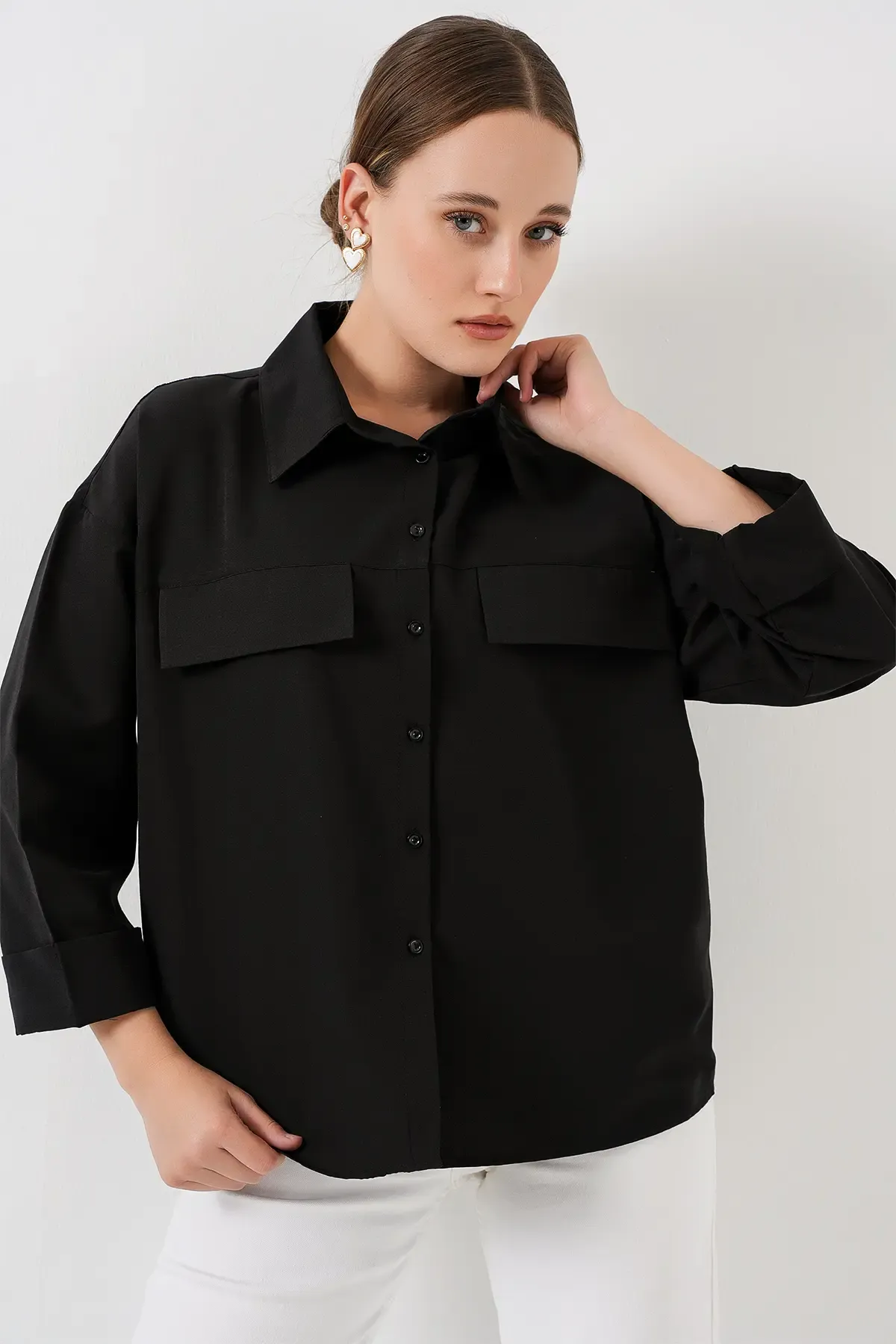 Kadın Cep Detaylı Oversize Gömlek 20313 - Siyah