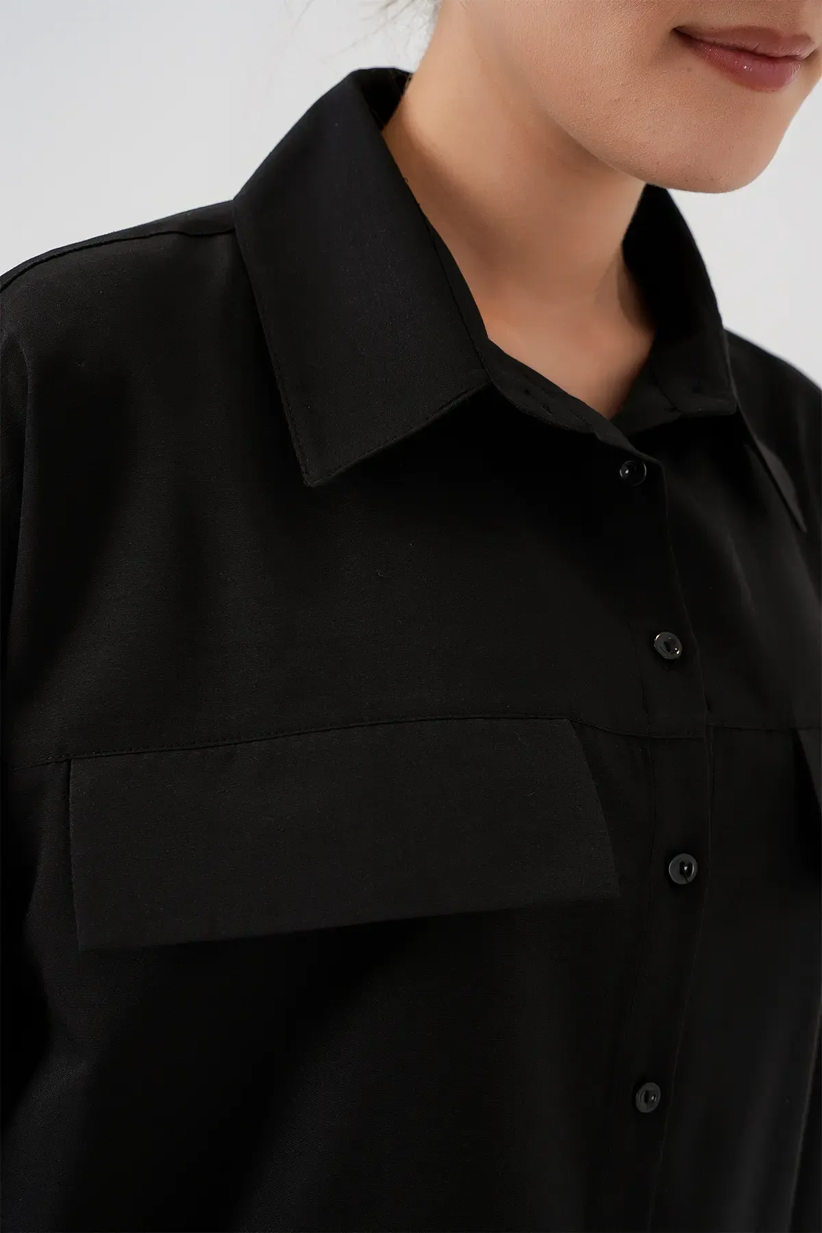 Kadın Cep Detaylı Oversize Gömlek 20313 - Siyah