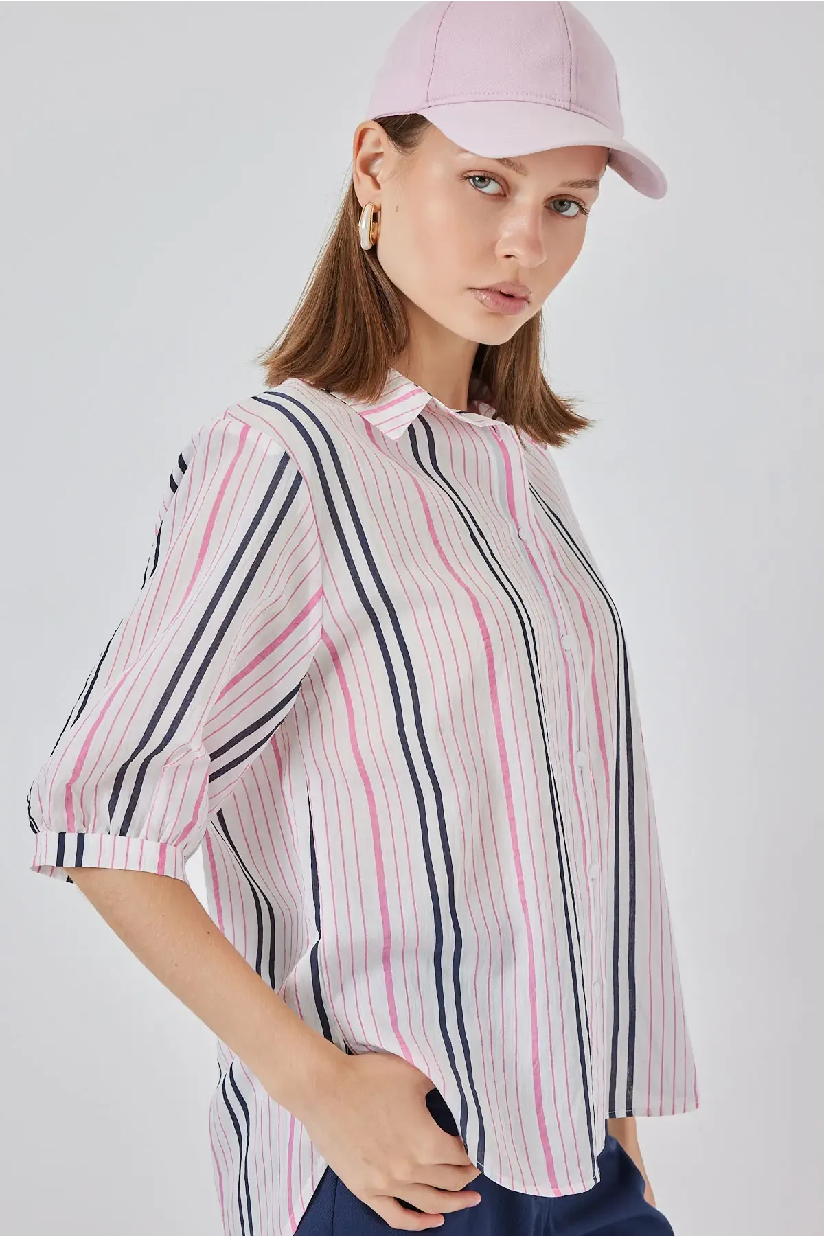 Kadın Çizgili Kısa Kol Gömlek 20345 - Pembe