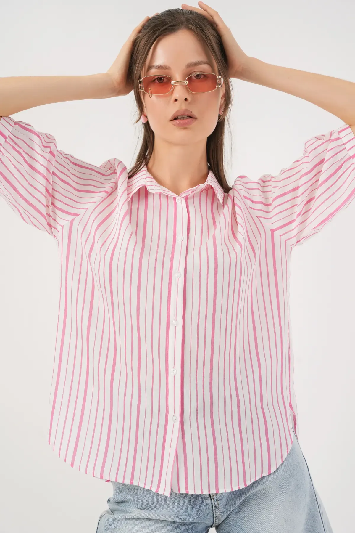 Kadın Çizgili Kısa Kol Gömlek 20345 - Pudra