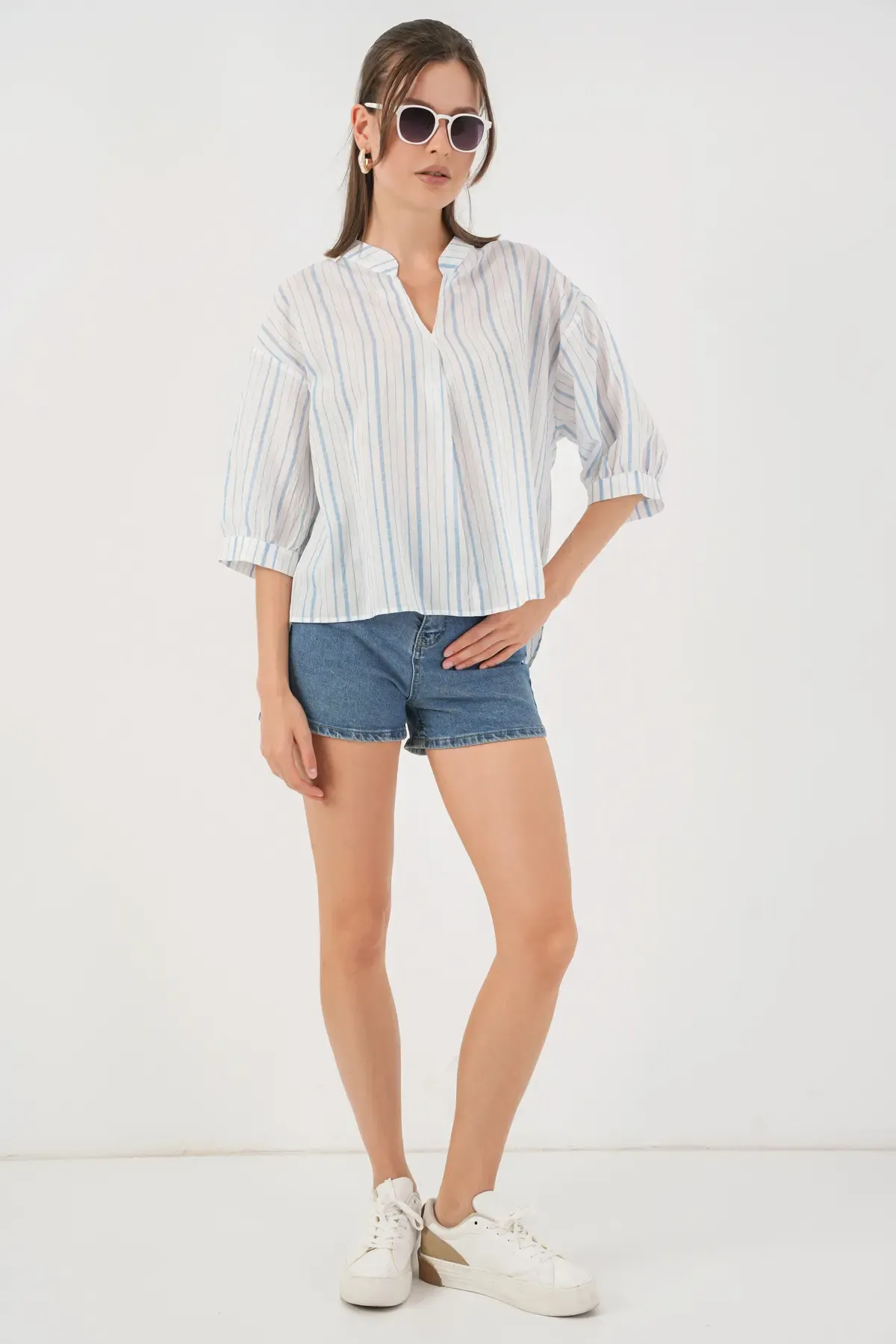 Kadın Çizgili Oversize Bluz 967 - A.Mavi