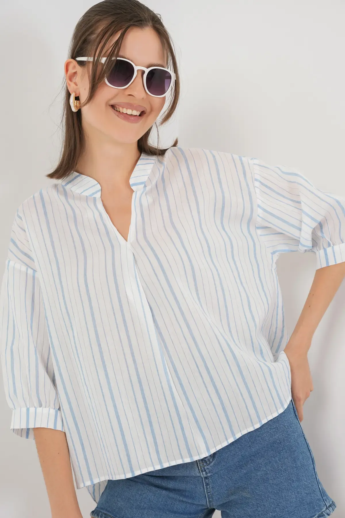 Kadın Çizgili Oversize Bluz 967 - A.Mavi