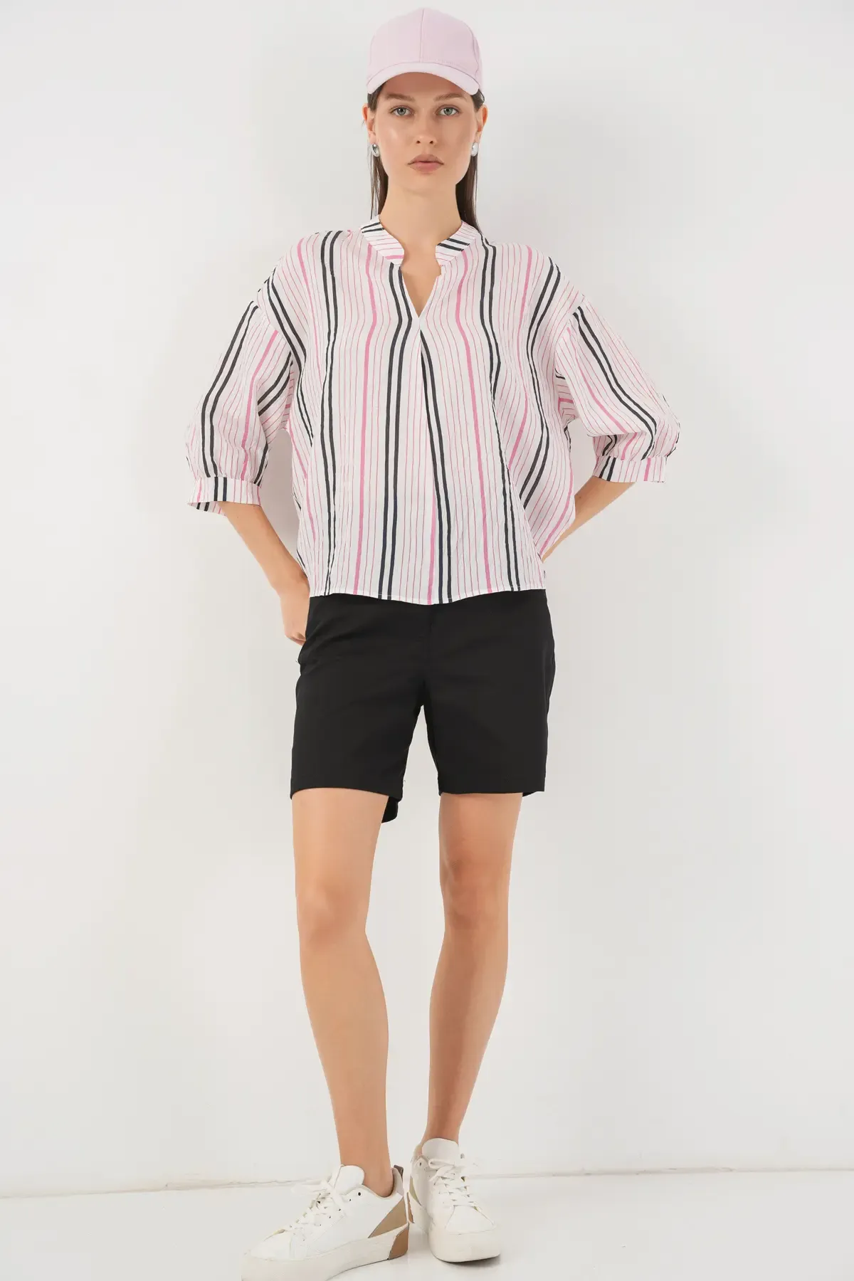 Kadın Çizgili Oversize Bluz 967 - Pembe