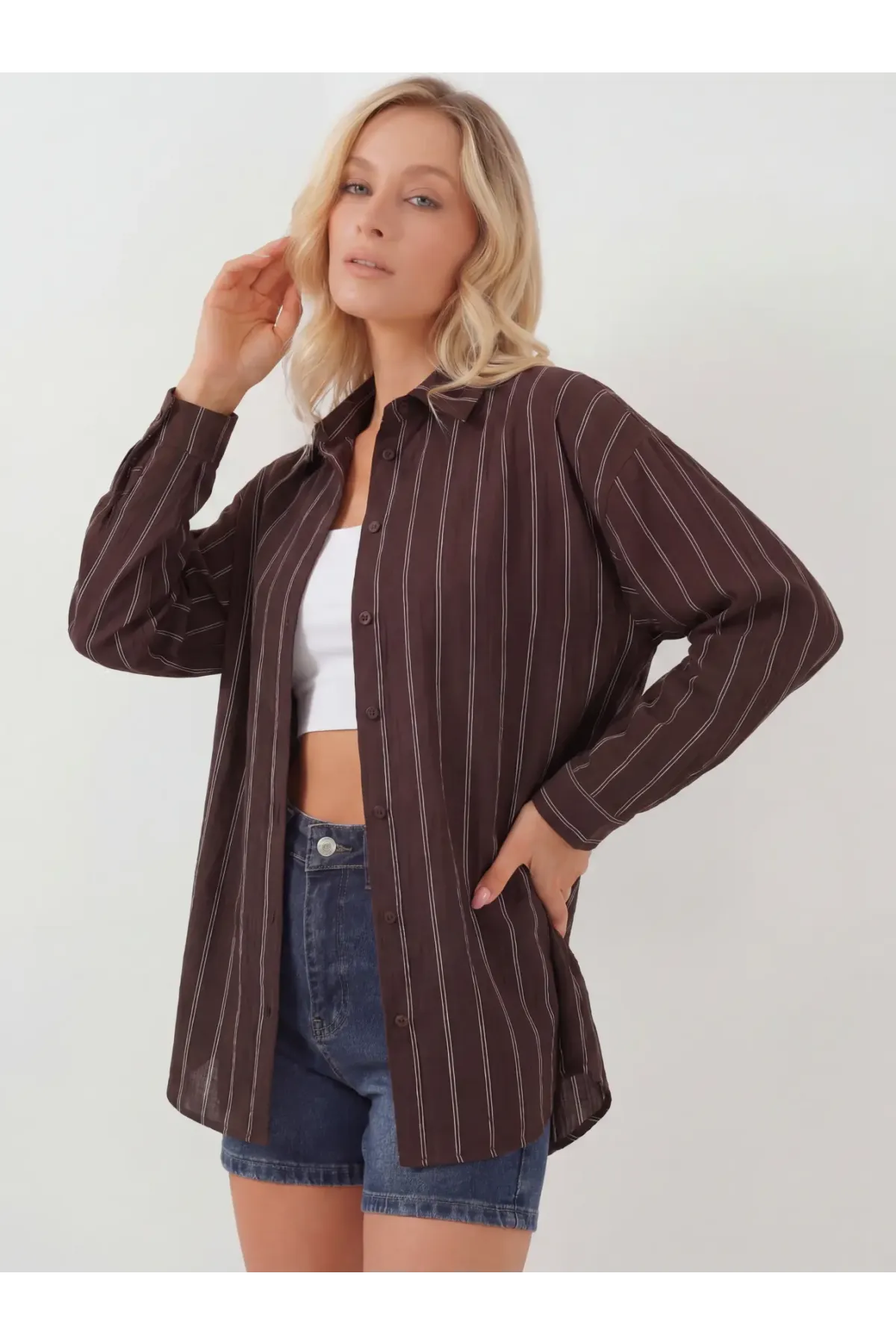 Kadın Çizgili Oversize Gömlek 20293 - Kahverengi