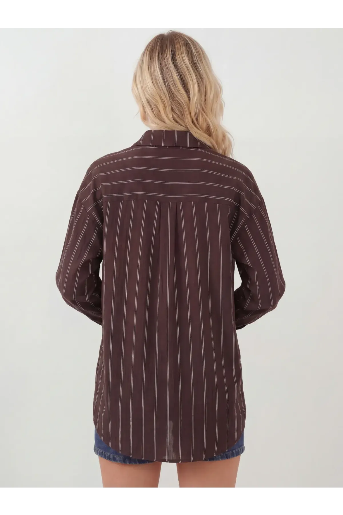 Kadın Çizgili Oversize Gömlek 20293 - Kahverengi