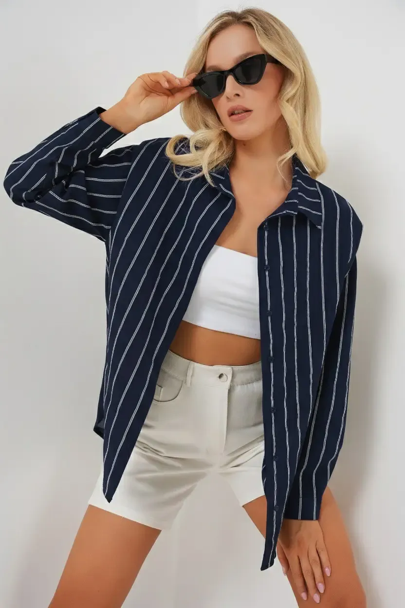 Kadın Çizgili Oversize Gömlek 20293 - Lacivert