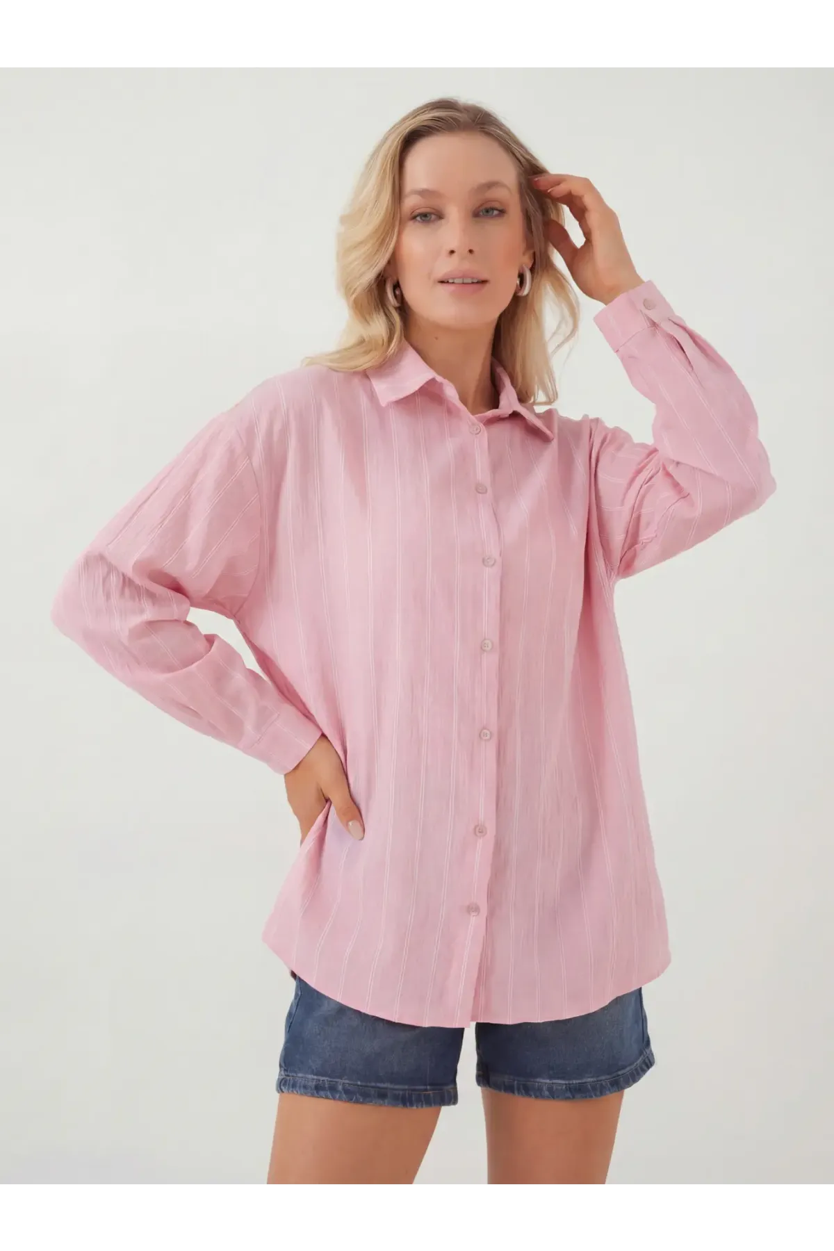 Kadın Çizgili Oversize Gömlek 20293 - Pembe