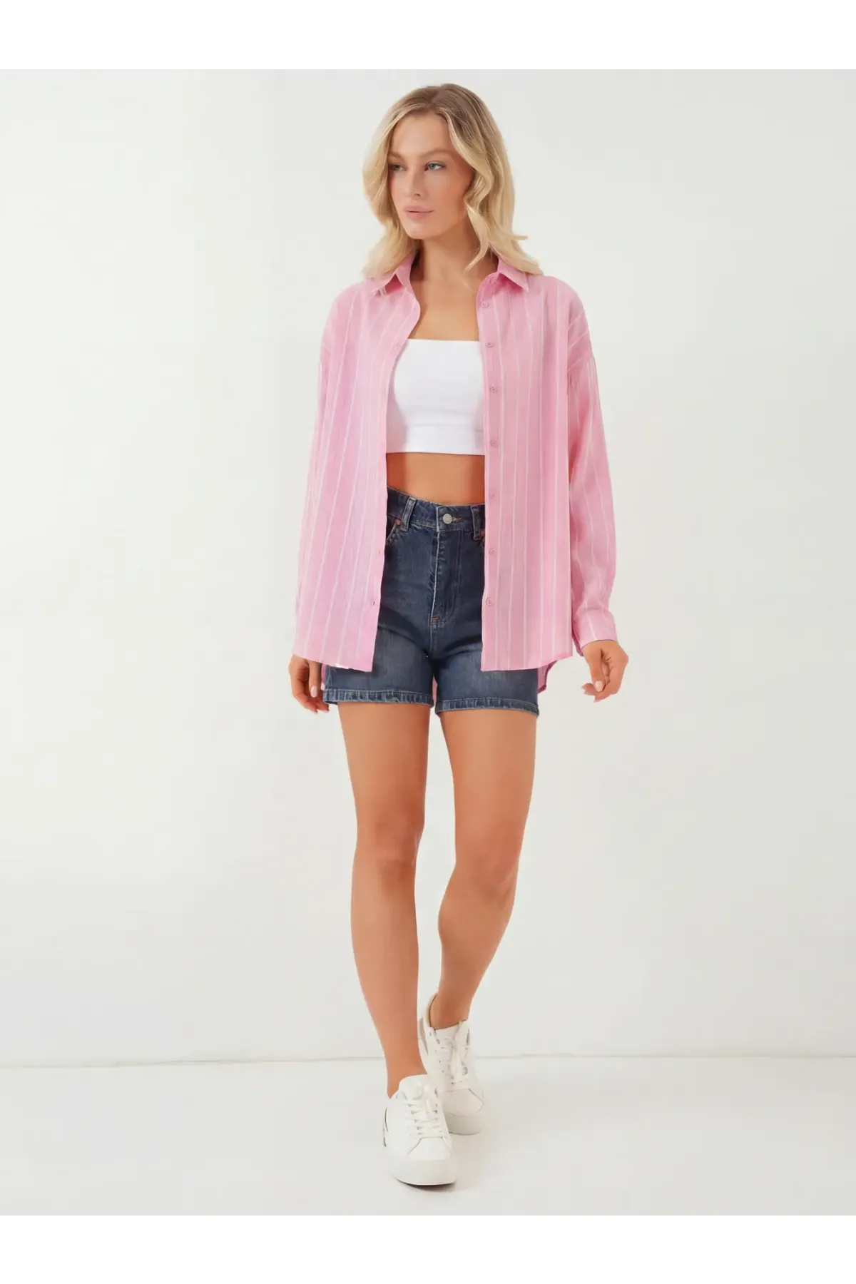 Kadın Çizgili Oversize Gömlek 20293 - Pembe