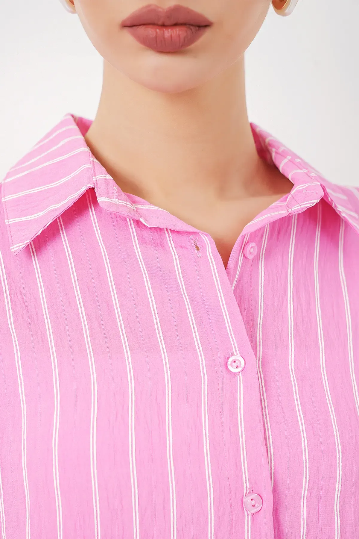 Kadın Çizgili Oversize Gömlek 20293 - Pembe