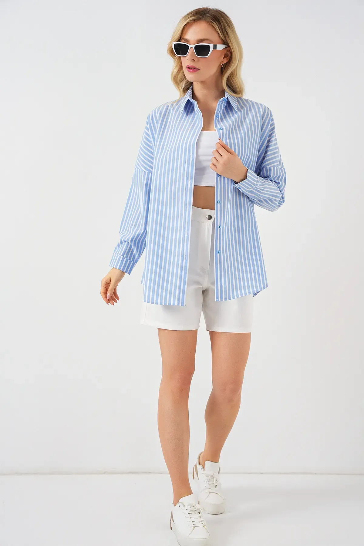 Kadın Çizgili Oversize Gömlek 20332 - B.Mavi